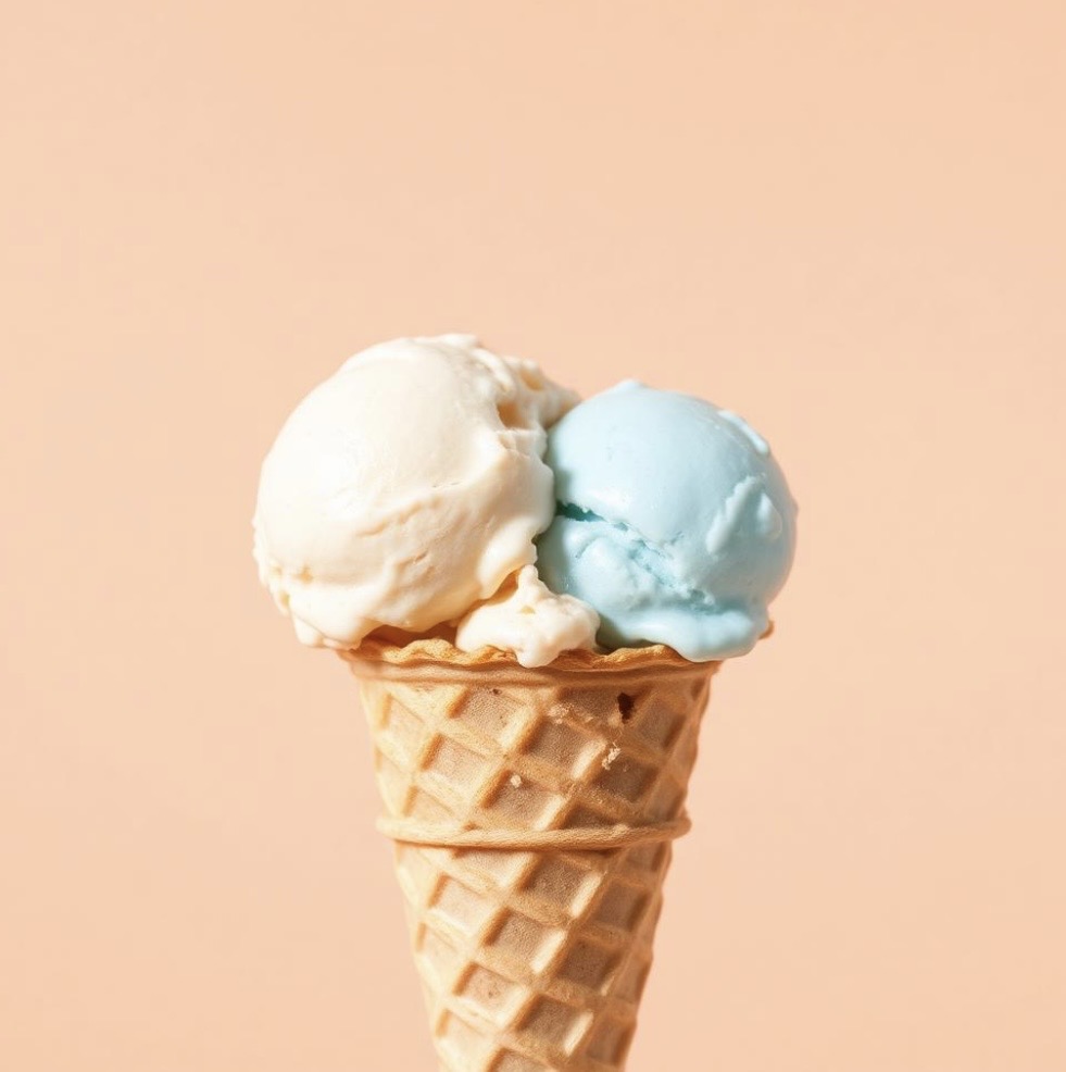 Two scoops of ice cream — vanilla and blue — on a waffle cone