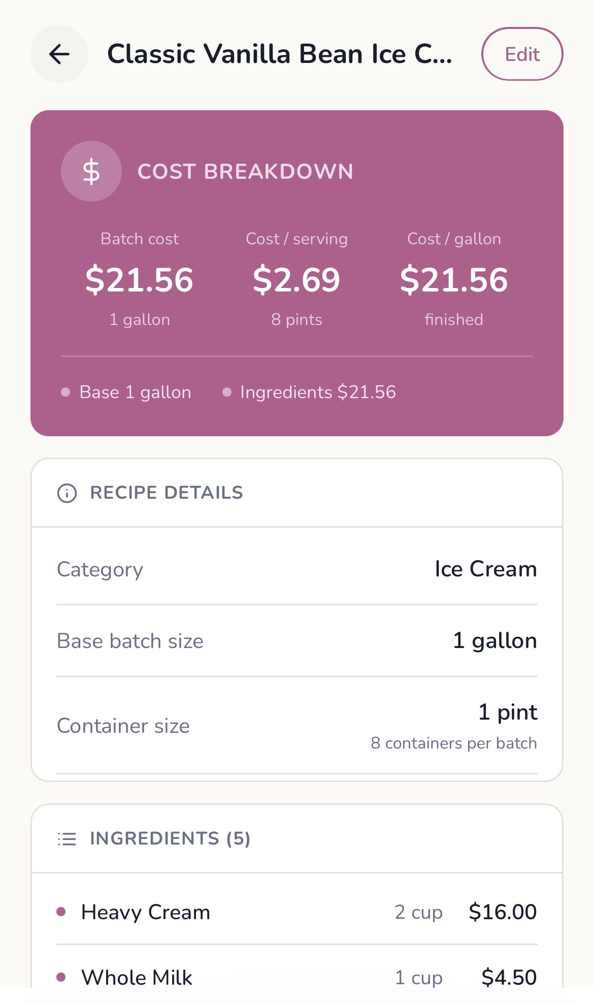 Costs screen in the Scoops app