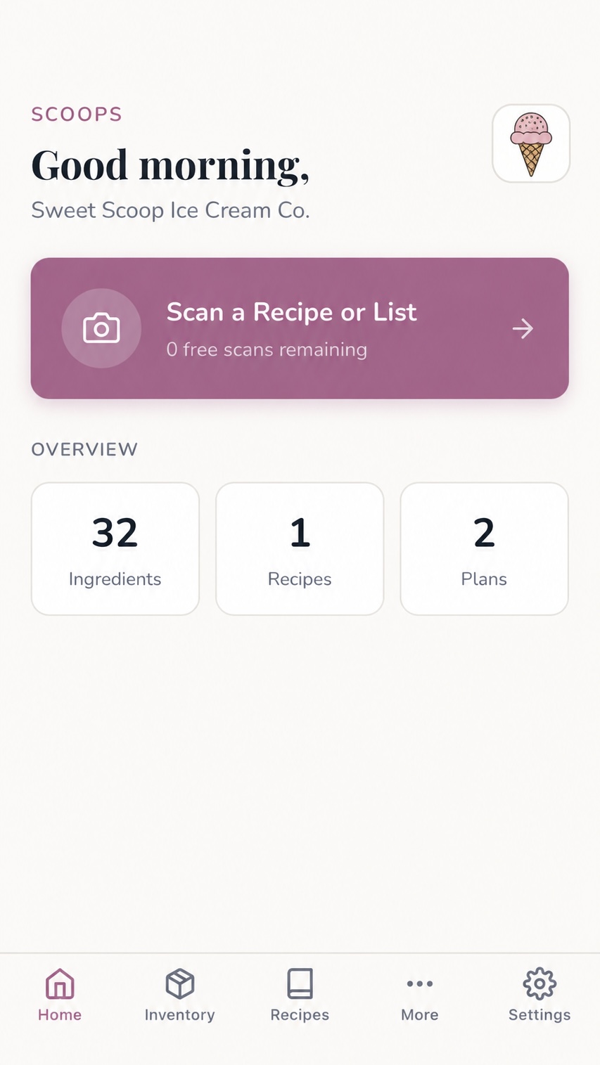 Scoops app home screen showing inventory, recipe and plan counts