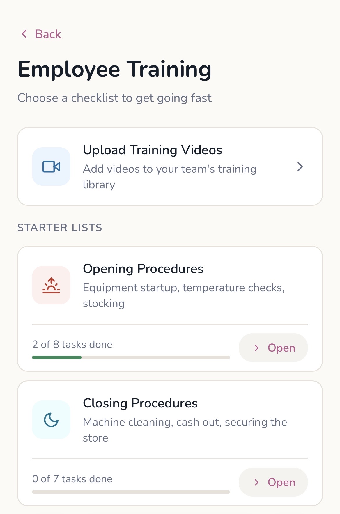 Employee training screen in the Scoops app