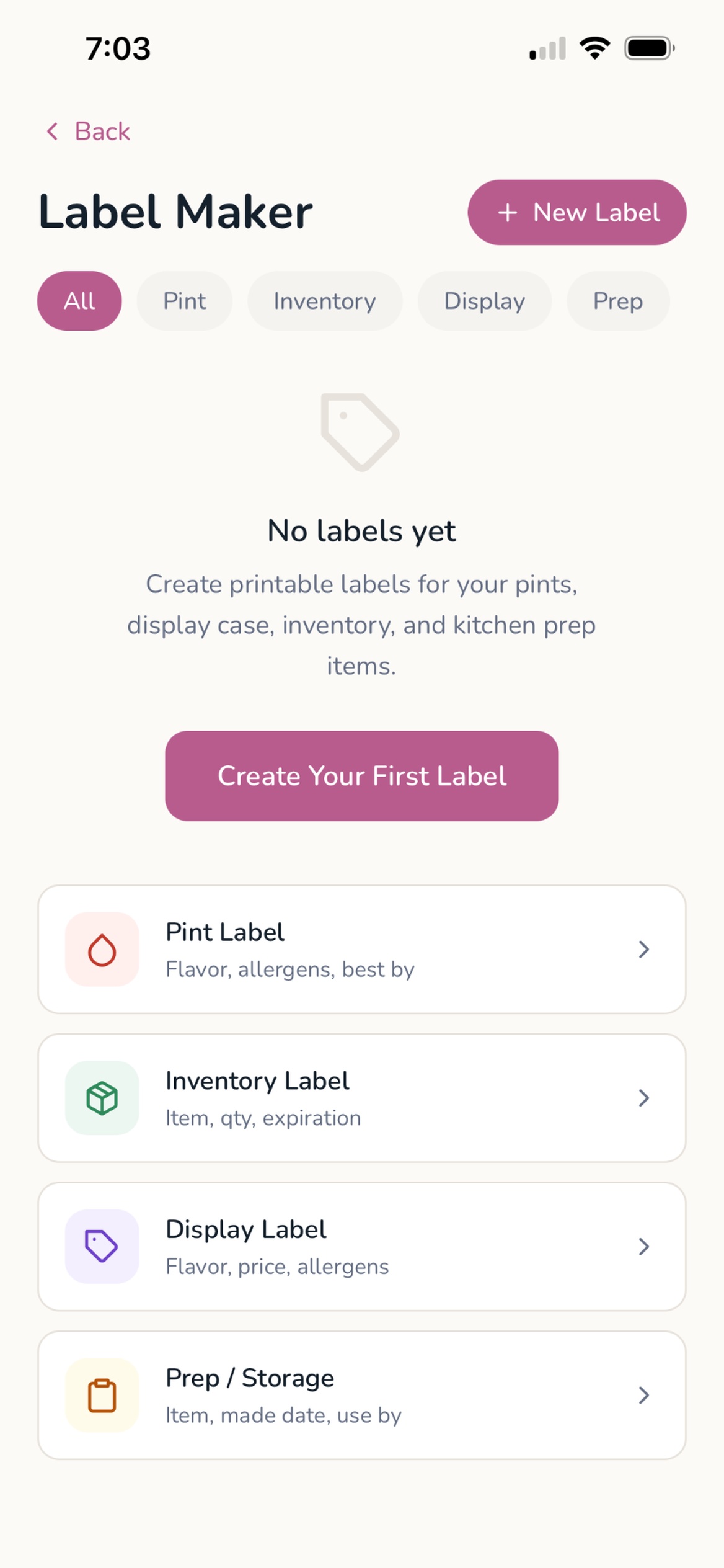 Label maker screen in the Scoops app