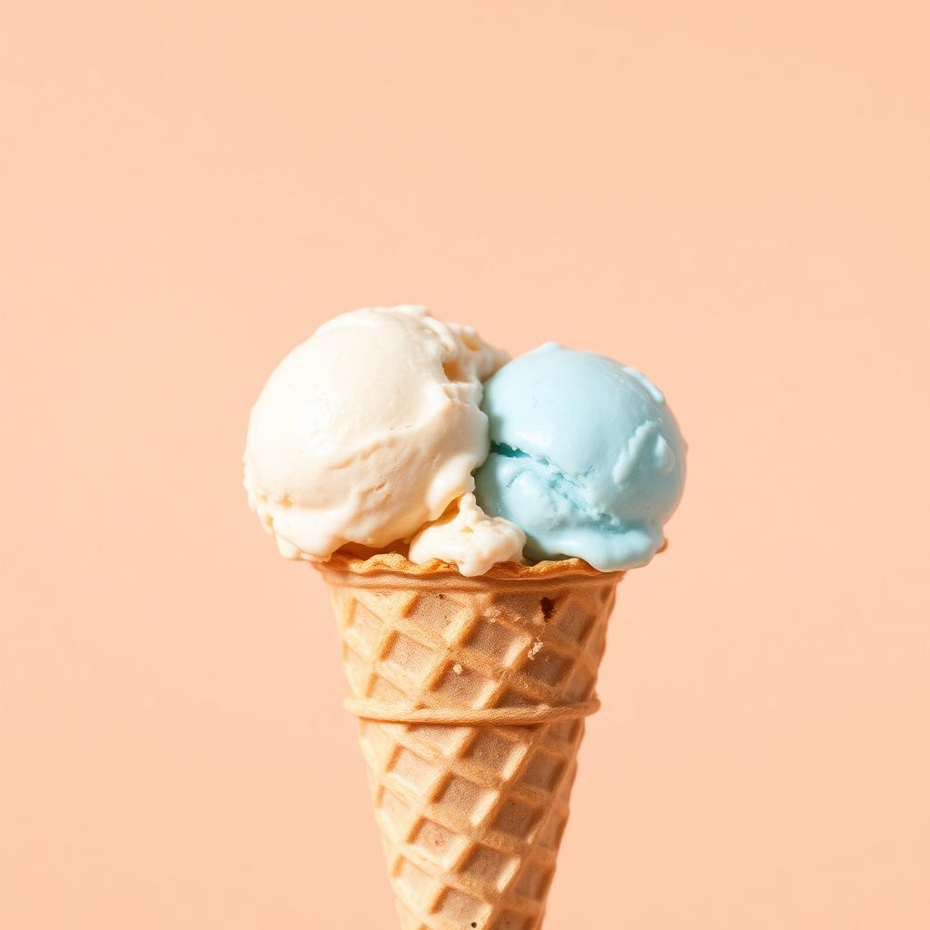 Two scoops of pastel ice cream in a waffle cone