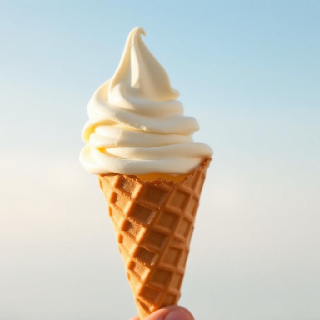 Soft serve vanilla ice cream cone against a clear sky